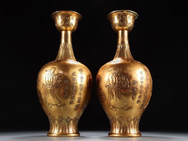 日本最大の 銅器 唐代 賞瓶一対 塗金銘文人物故事紋 【瓏】古銅鏨刻彫 