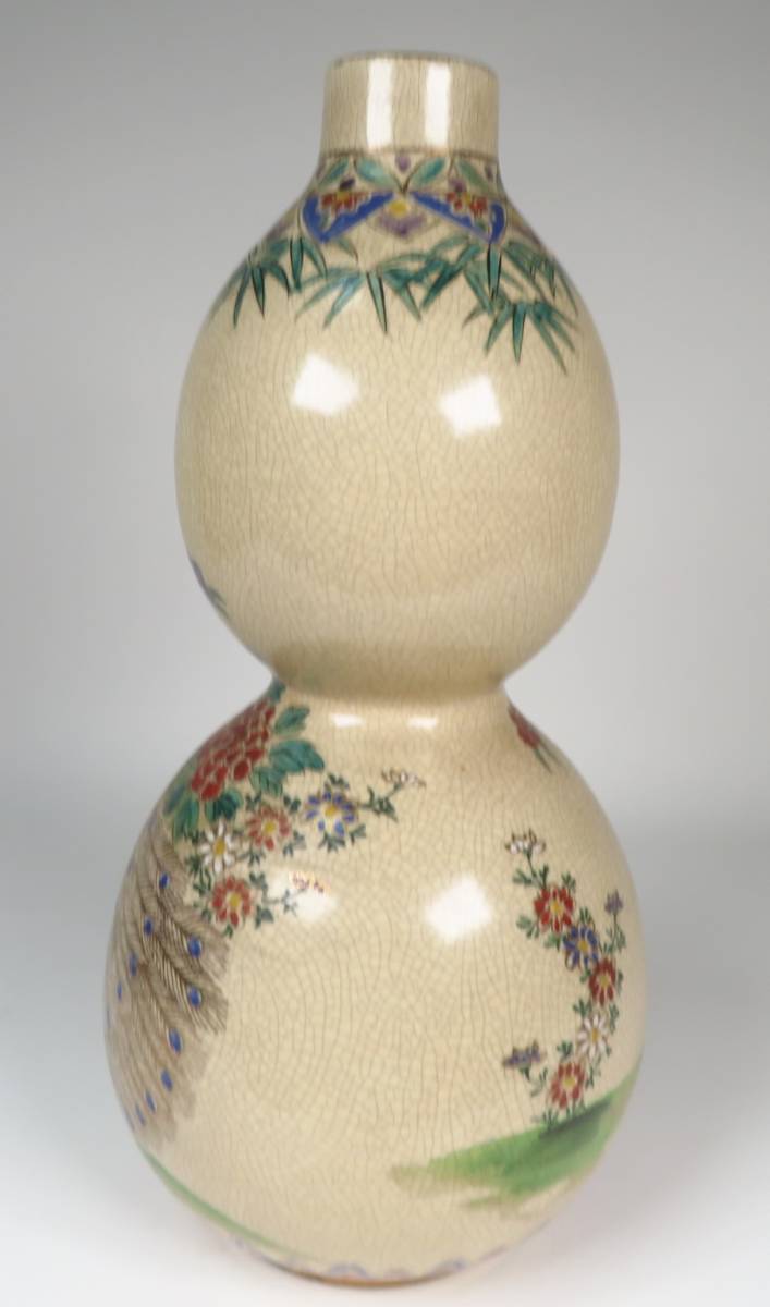 金彩色絵花鳥図瓢箪型花瓶 薩摩焼 沈寿官 花器 花入 飾壺 壷 作家 在銘 骨董品 古美術品 高さ40cm_画像5