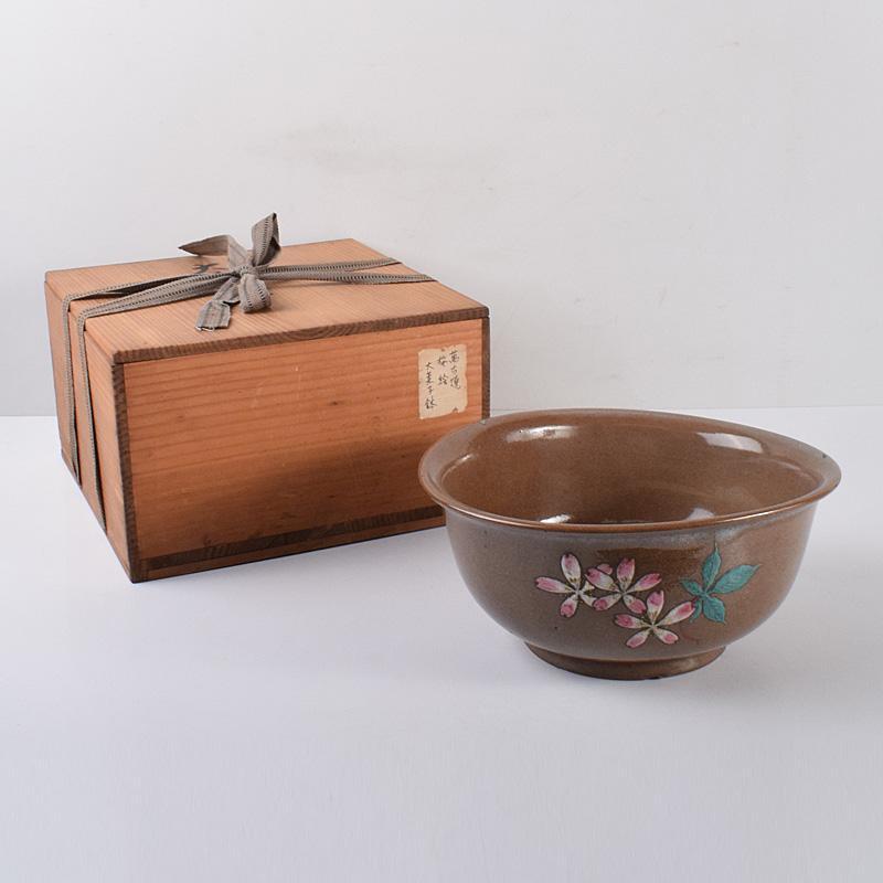 萬古焼 古萬古 色絵 桜絵 大菓子鉢 時代箱 V R4108 萬古焼 古萬古 色絵 桜絵 大菓子鉢 時代箱 V R4108