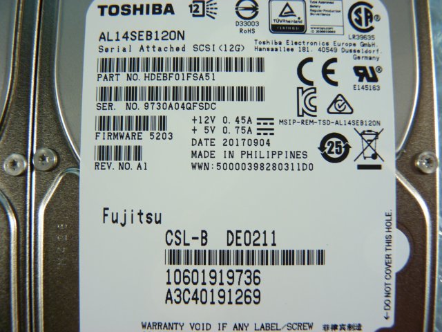 1OIN // 2 piece set TOSHIBA AL14SEB120N 1.2TB 2.5 -inch SAS HDD 10K(10000)rpm 12Gb 15mm /A3C40191269//Fujitsu PRIMERGY CX2570 M2 taking out 