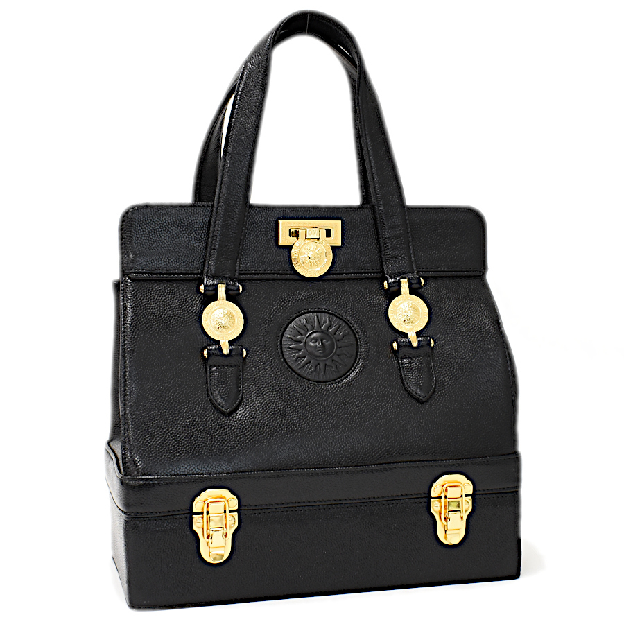 1 point limitation as good as new Versace handbag vanity sun Burst leather black Gold metal fittings Vintage VERSACE