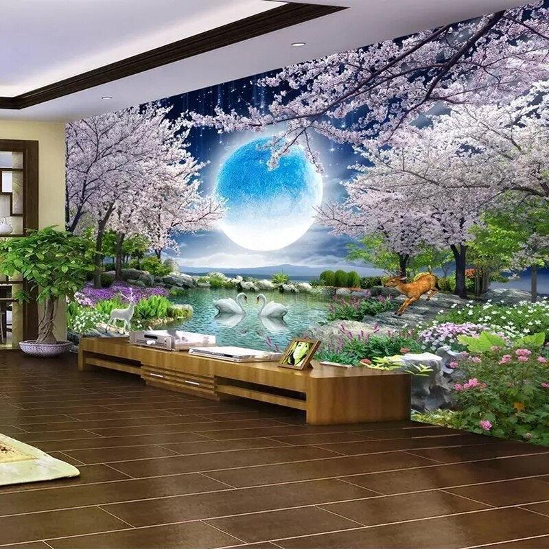 (即決) カスタム壁画壁紙月餅桜の木自然風景壁画リビングルームのベッドルームの写真の壁紙家の装飾q451_画像4
