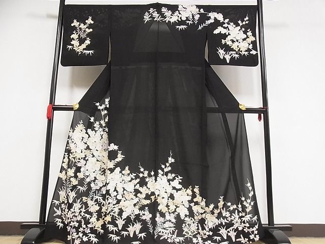 着物屋こころ□夏物 訪問着 絽 友禅 草花文 黒地 金彩 着丈164cm 裄丈