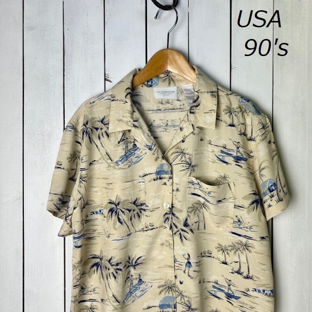 sh●533 USA古着 90s レーヨン ショート丈 開襟アロハシャツ L～XL ベージュ オールド ヴィンテージ アメリカ古着 ヤシの木 オープンカラー