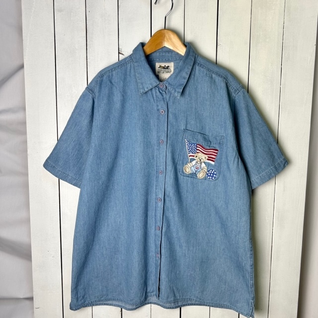 sh●539 USA古着 80s～90s テディベア刺繍 薄手ダンガリーデニムシャツ L～XL オールド ヴィンテージ アメリカ古着 春夏 半袖 クマ レトロ