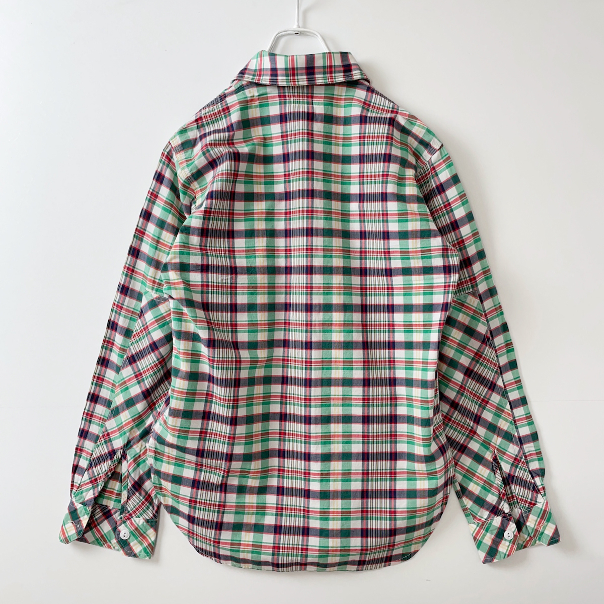 Engineered Garments ネクタイ付き チェック 柄 長袖 シャツ 緑 グリーン 白 ホワイト 夏 薄手 総柄 エンジニアードガーメンツ XS メンズ M