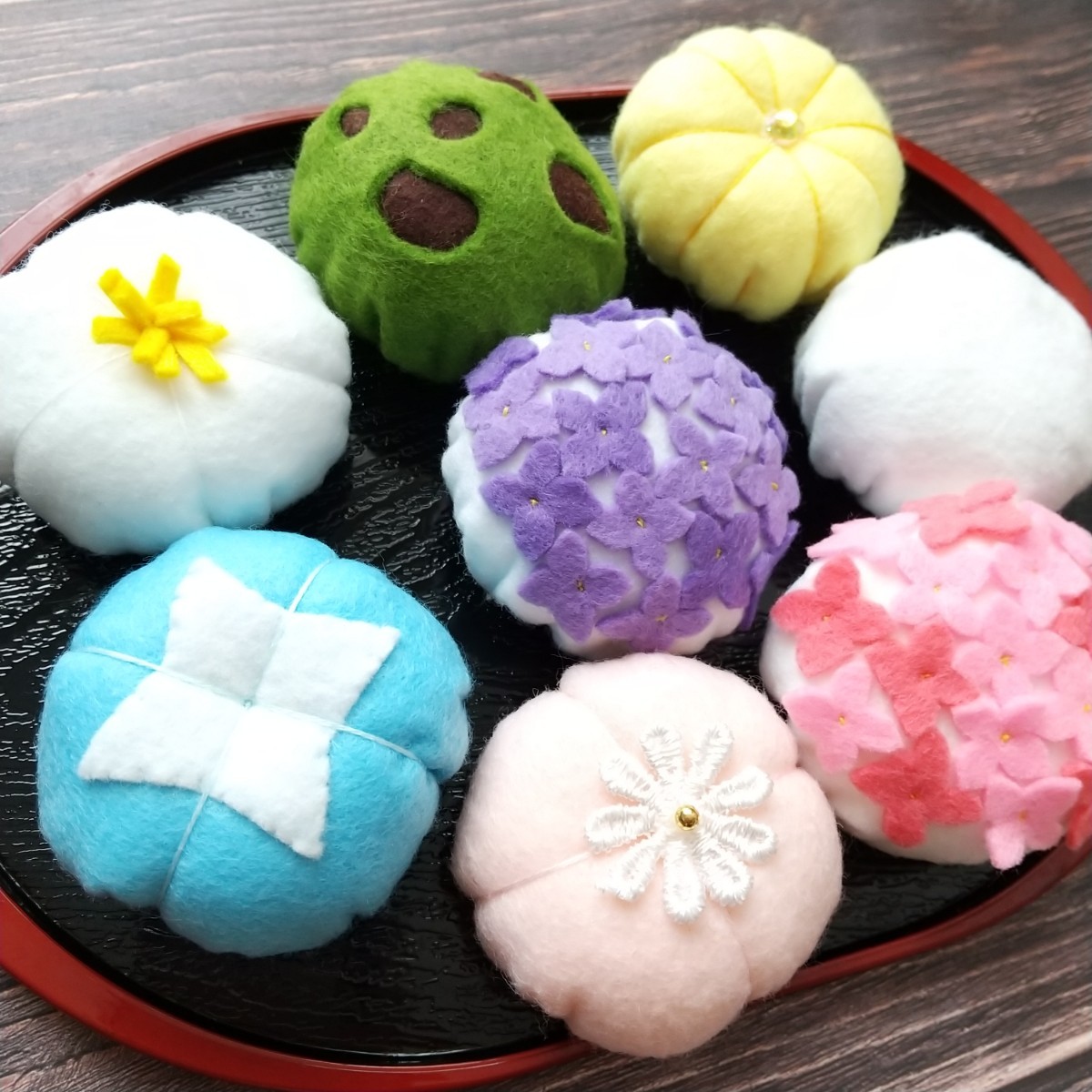 ハンドメイド フェルト 和菓子 フェルトままごと おままごと お饅頭 練りきり お供え あじさい あさがお やぶれ饅頭 和風 