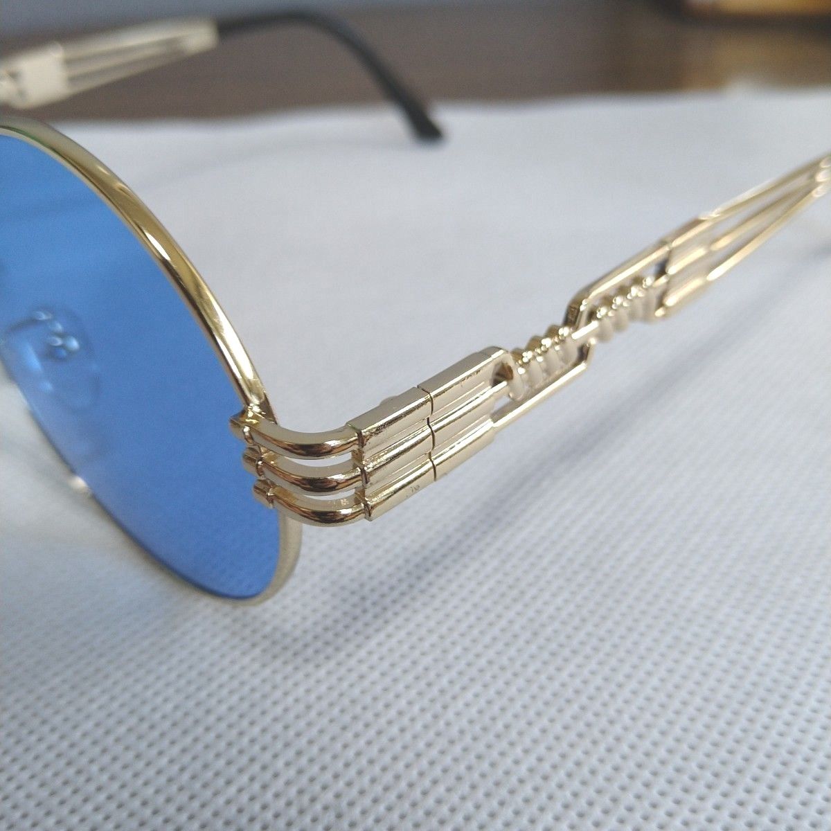 【在庫処分】サングラス UVカット ラウンド型 ゴールドフレーム メンズ レディース ブルー