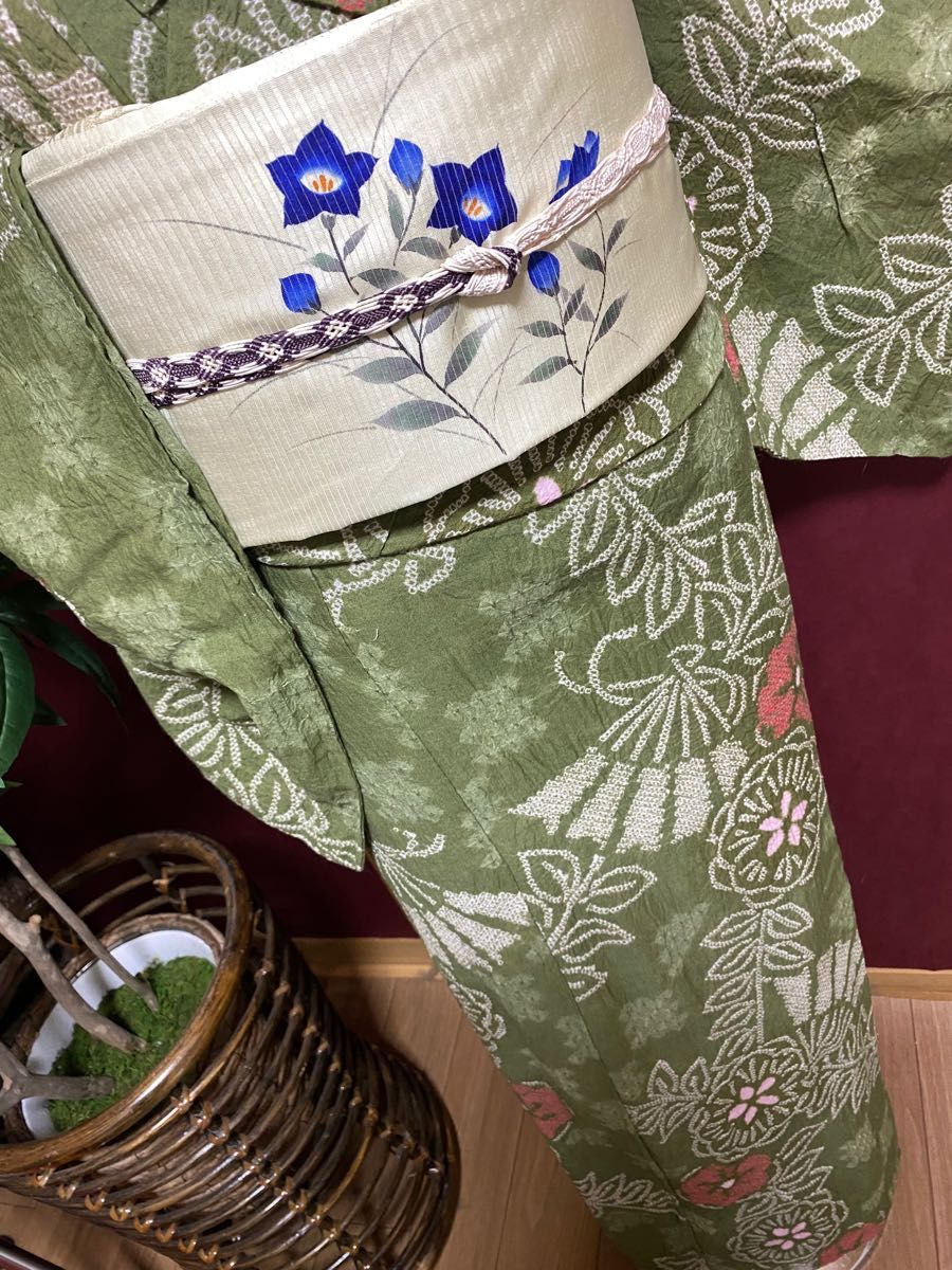有松鳴海絞り レア色 抹茶暈し 花柄と扇面文様|PayPayフリマ