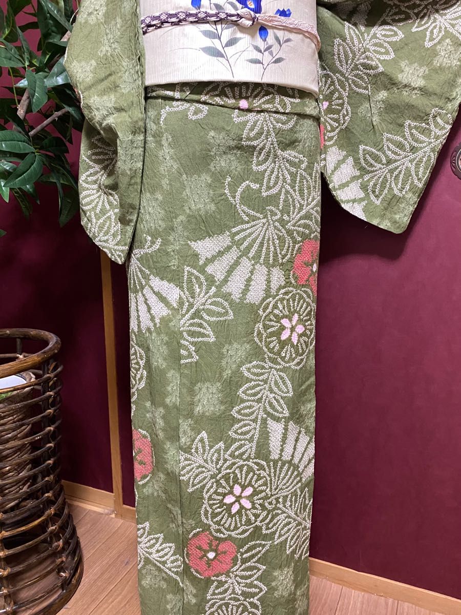 有松鳴海絞り レア色 抹茶暈し 花柄と扇面文様|PayPayフリマ