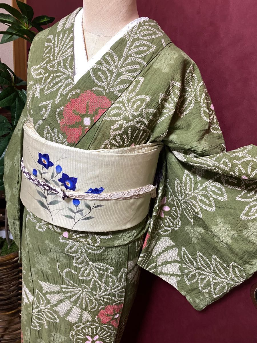 有松鳴海絞り レア色 抹茶暈し 花柄と扇面文様|PayPayフリマ