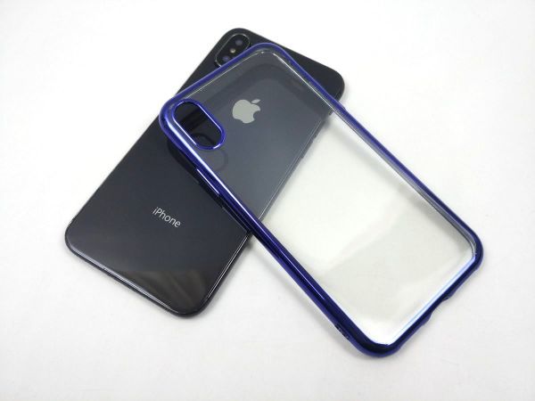 iPhone X用 クリアケース ソフトカバー TPU 透明 電解メタル 電着 高品質 ブルー_画像7