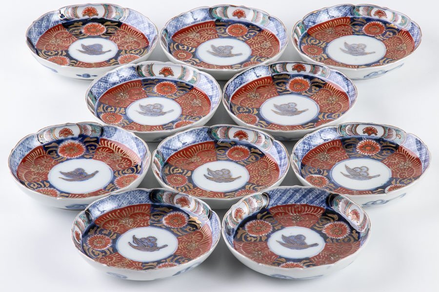 【古伊万里】『 染錦草花文 四寸皿 10客 明治時代 14959 』 料亭 日本料理 懐石 会席 和食器 焼物 陶磁器 取皿 小皿