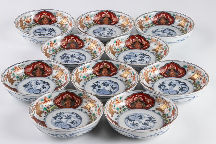 【大聖寺伊万里】『 金襴手唐獅子牡丹文なます皿 10客 明治時代 16161 』 料亭 日本料理 懐石 和食器 焼物 陶芸 磁器 陶器 器 陶磁器