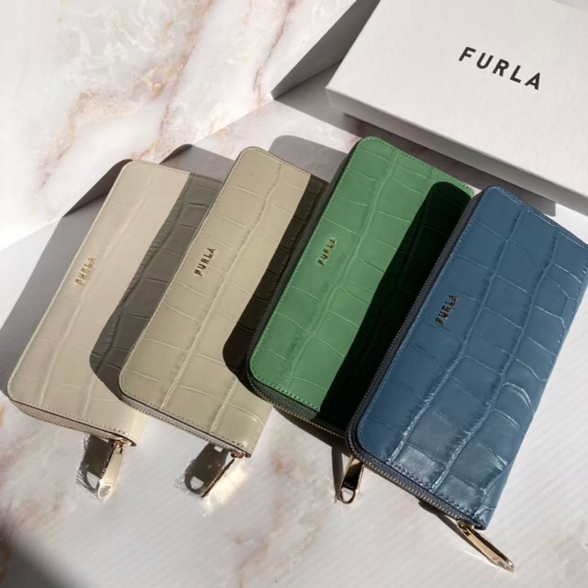フルラ 新品 長財布 ラウンドファスナー クロコダイル シンプル グリーン