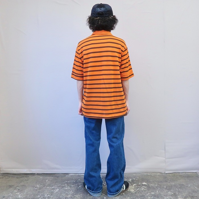 古着 70年代 半袖ポロシャツ ボーダー オレンジ ブラウン ビンテージ サイズ表記：L　gd81829 OT08_画像4