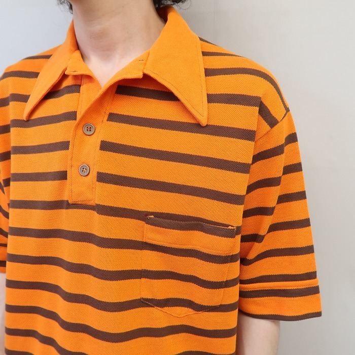 古着 70年代 半袖ポロシャツ ボーダー オレンジ ブラウン ビンテージ サイズ表記：L　gd81829 OT08_画像3