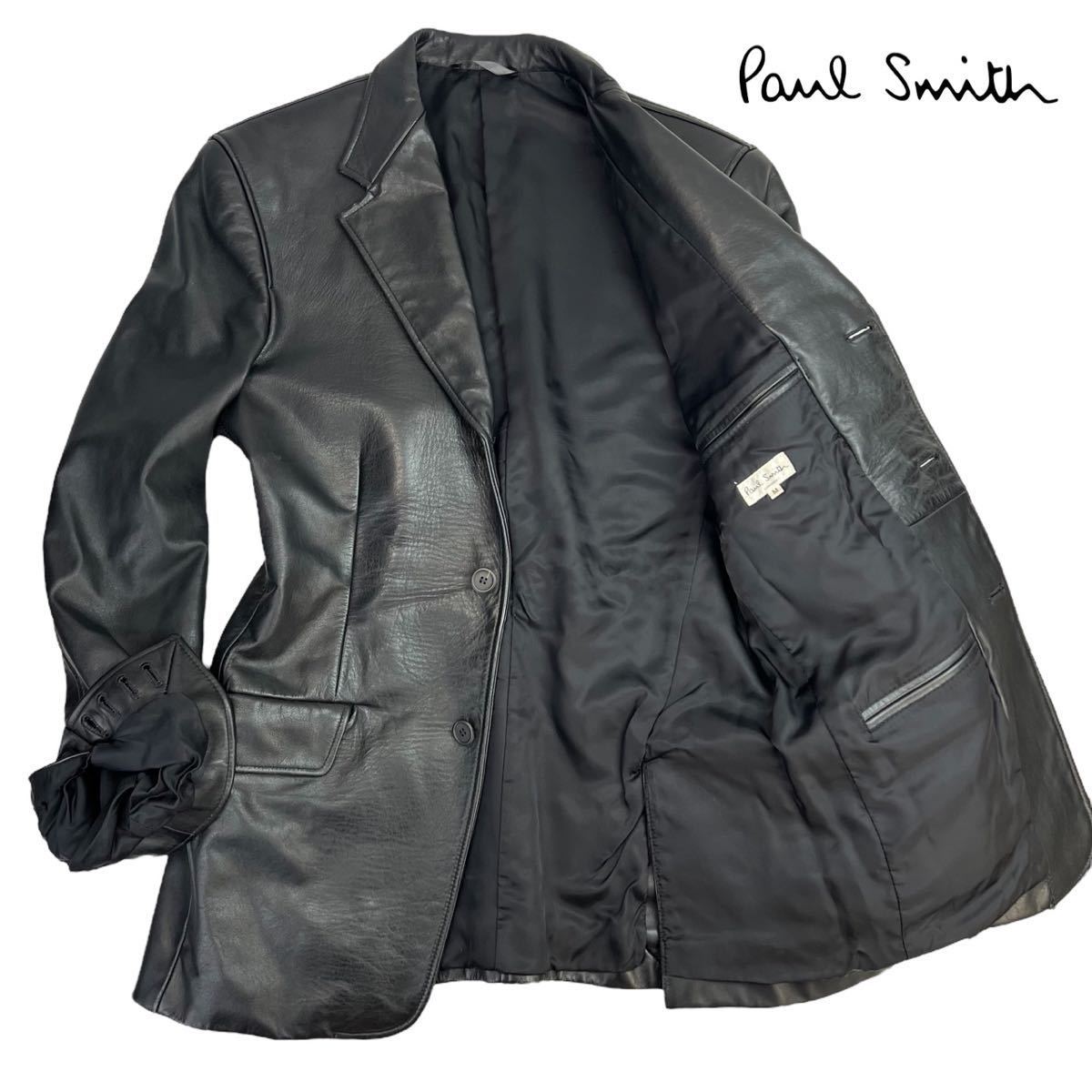極美品 Paul Smith LONDON ポールスミスロンドン 3Bレザーテーラードジャケット サイズM 牛革 ブラック 美シルエット 肉厚 上質 希少 A2514