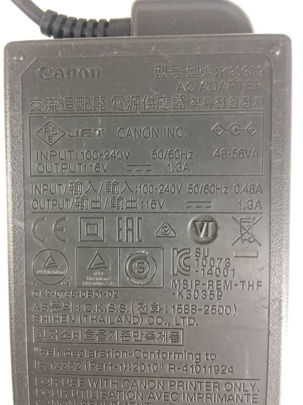 【2個セット】Canon純正 K30359 16V-1.3A 外径約6.4ミリ PIXUS iP90 ip100 ip110等適合 電源ケーブル付 動作保証 中古 送料無料【即納】_画像3