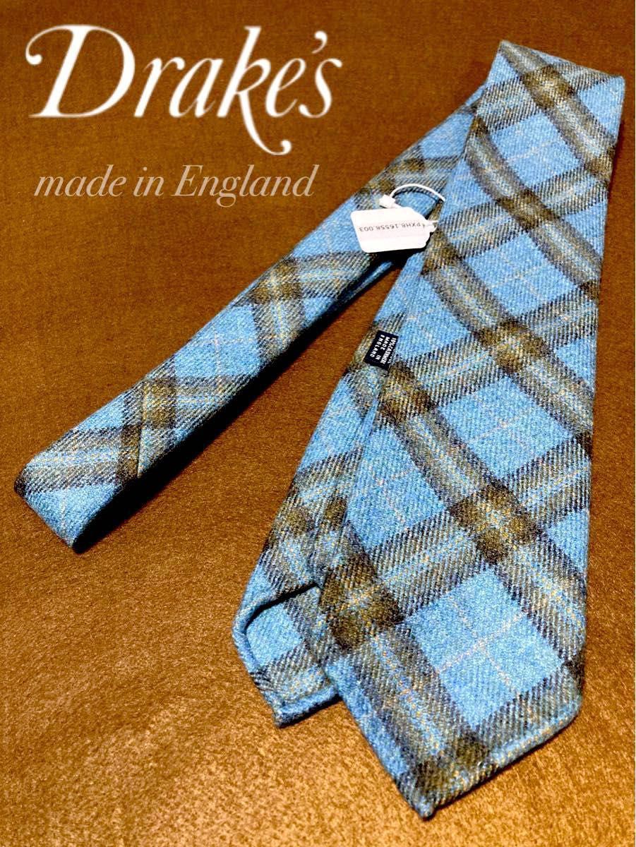 【新品】Drake's/ドレイクス/ネクタイ/チェック/ブルー/ブラウン/混カシミヤ