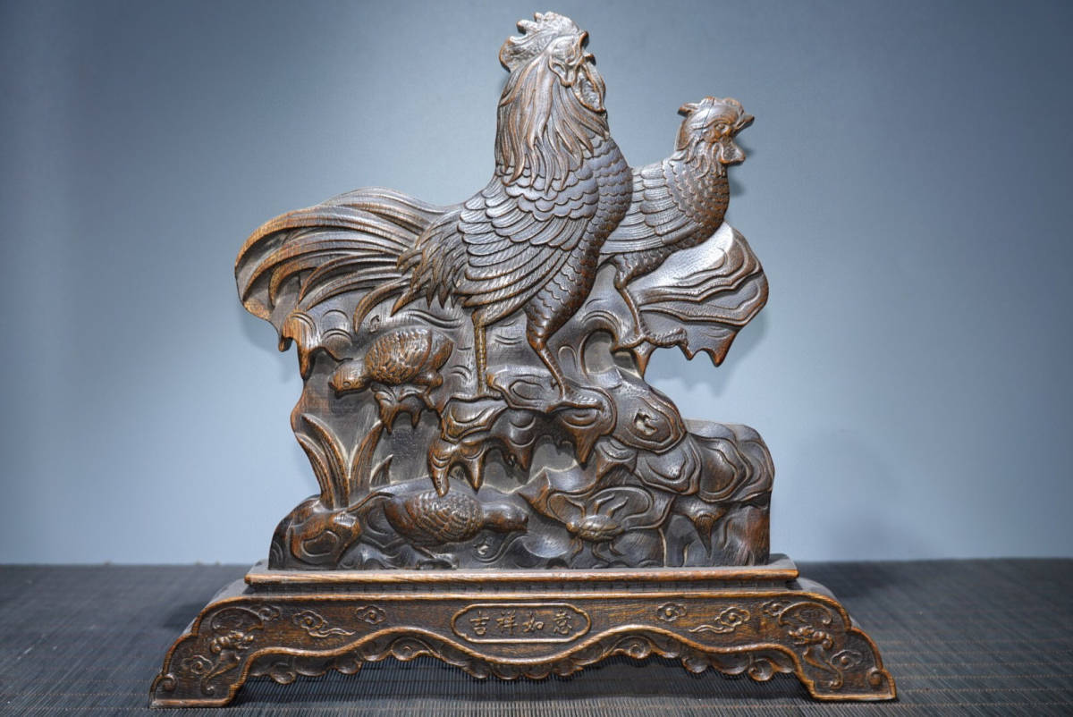 蔵友館蔵品・花梨木製・細密彫・吉祥如意屏風】・希少珍品・置物・賞物