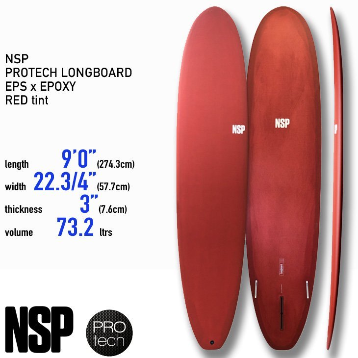 ■NSP Surfboards - PROTECH LONG - 9'0(274.3cm) RED■EPS x EPOXY ビギナーにもオススメ 軽量 安定性に優れたロングボード フィン付き
