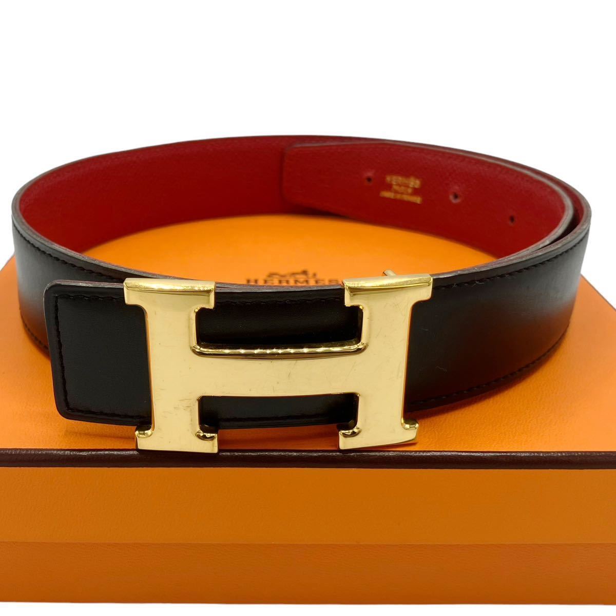 【美品】エルメス HERMES コンスタンス 65 Hベルト レザー ブラック レッド ゴールドバックル レザーベルト