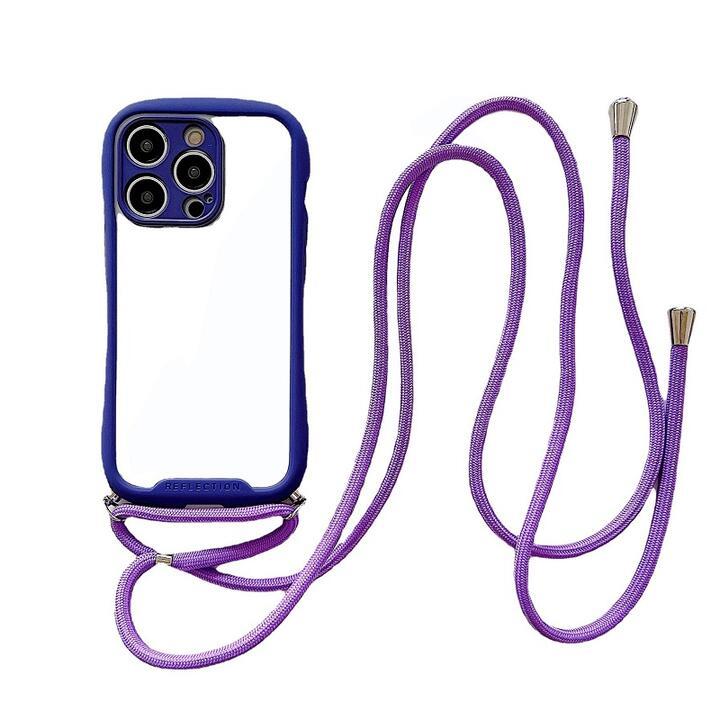iPhone 14用TPU+PC ストラップ付バックカバー TPU 背面透明 可愛い保護ケース 軽量 薄型 角割れなし ひも150cm 紫_画像2