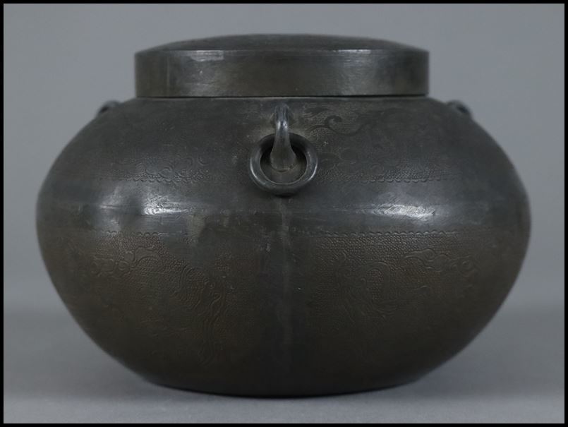 奇】中国美術王東文造底款/ 古錫製雲龍鳳凰文刻三耳壷茶入茶壺茶器煎茶