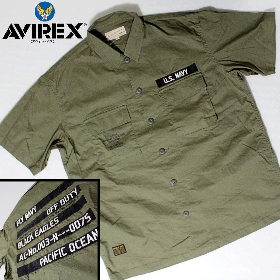 新品 アヴィレックス U.S.NAVY バック刺繍デザイン ミリタリーシャツ LLサイズ 緑系　Ｋ2164