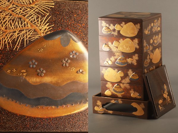 流】時代漆器 本金貝蒔絵梨地五段重箱 重台付 箱付 DF953(重箱)|売買