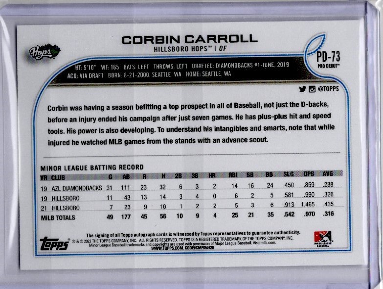 Corbin Carroll】 2022 Topps PRO DEBUT サイン 新人王候補