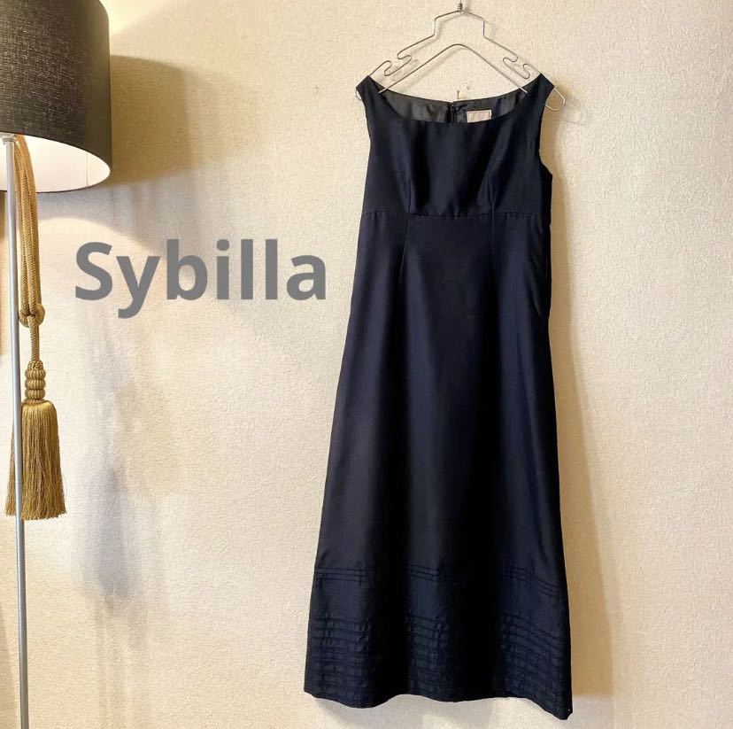 Sybillaシビラ 裾刺繍ロングワンピース ノースリーブ ブラックドレス黒