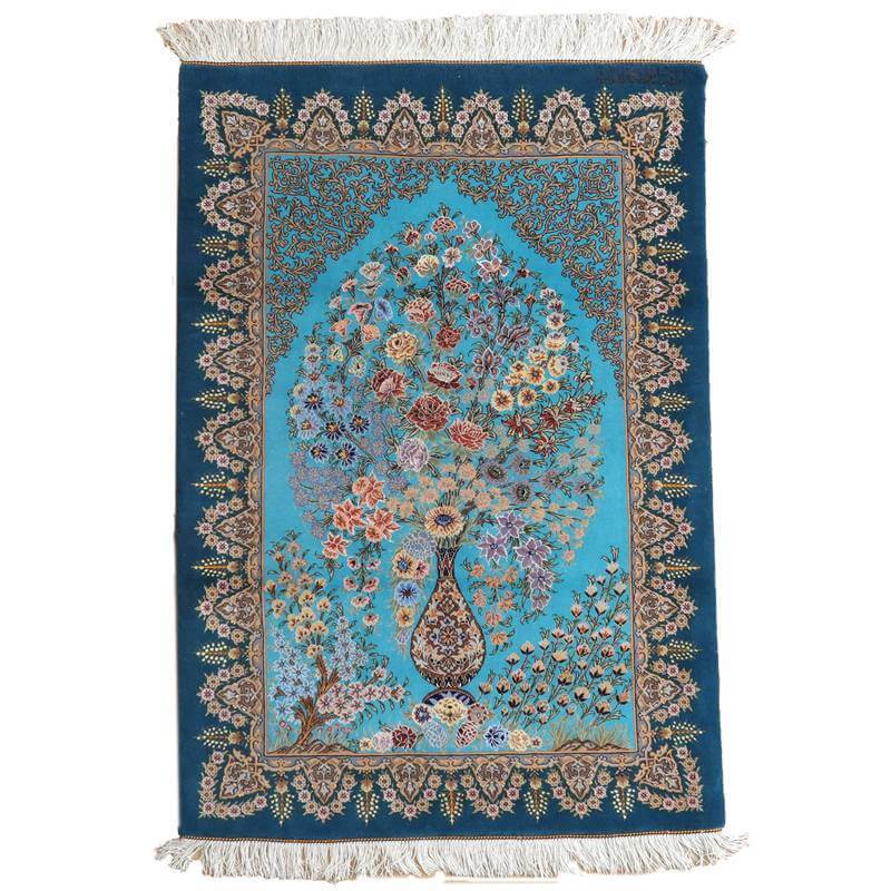 ペルシャ絨毯 イラン じゅうたん・クム産 121×83cm 手織り ウール・シルク 玄関マット ラグマット 本物(FS-22011)