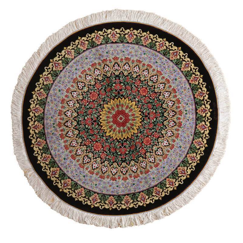 ペルシャ絨毯 イラン じゅうたん・クム産 直径103cm 手織り ウール・シルク 円形 花柄 玄関マット ラグマット 本物(FS-22009)
