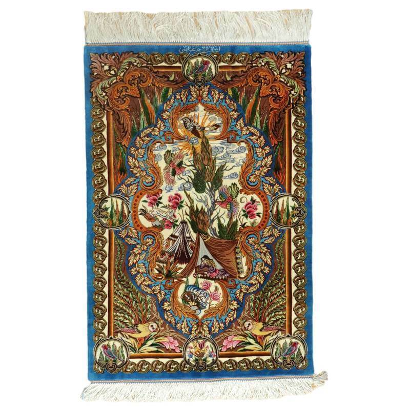 ペルシャ絨毯 イラン じゅうたん・クム産 シルク 100％ 89×59cm 手織り 玄関マット ラグマット 絵画 タペストリー (FS-2105)
