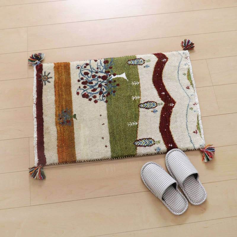 プレミアムギャッベ 絨毯／ホシナマイ（ルリバフ） 76×52cm イラン産 ギャベ 手織り 玄関マット ウール ラグ ラグマット（HSS-77754）