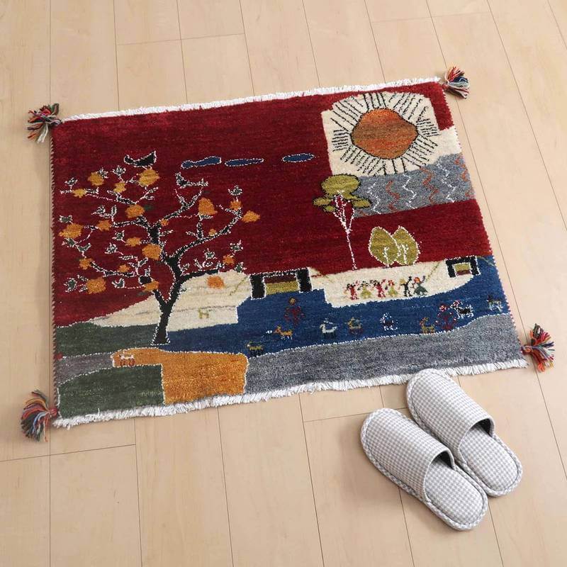 プレミアムギャッベ 絨毯／ホシナマイ（ルリバフ） 88×65cm イラン産 ギャベ 手織り 玄関マット ウール ラグ ラグマット（HSS-77709）