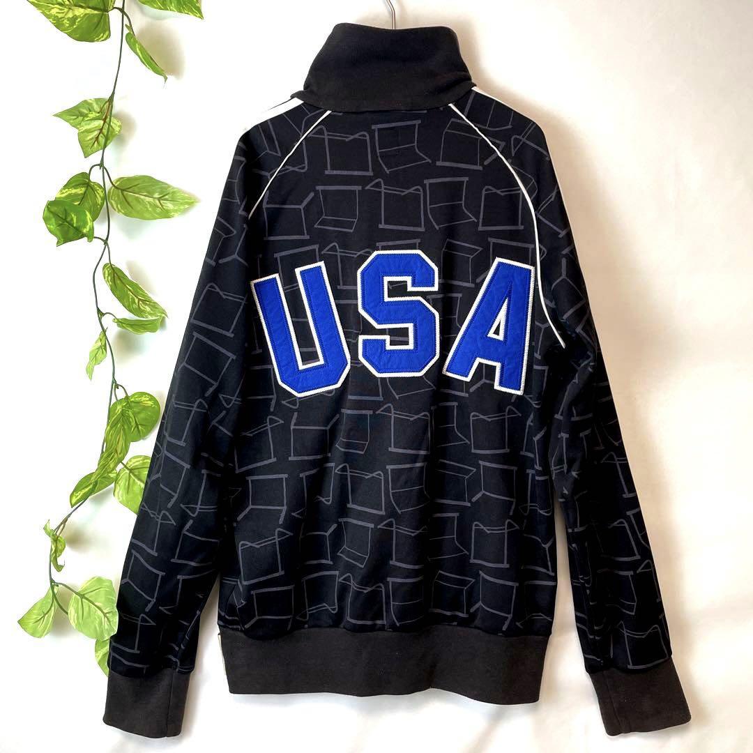 希少な一品！！90s adidas アディダス トラックジャケット ジャージ アウター 総柄×茶リブ×USA刺繍 ブラウン ブルー青 Lサイズ メンズ