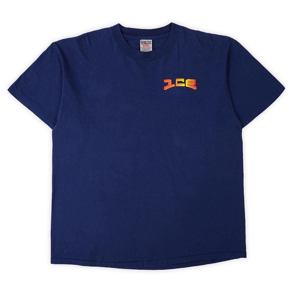 ICE 90's 企業 ロゴ プリント Tシャツ ONEITA オニータ シングルステッチ 丸胴 クルーネック 古着 (-9712) ネイビー / 紺 XL