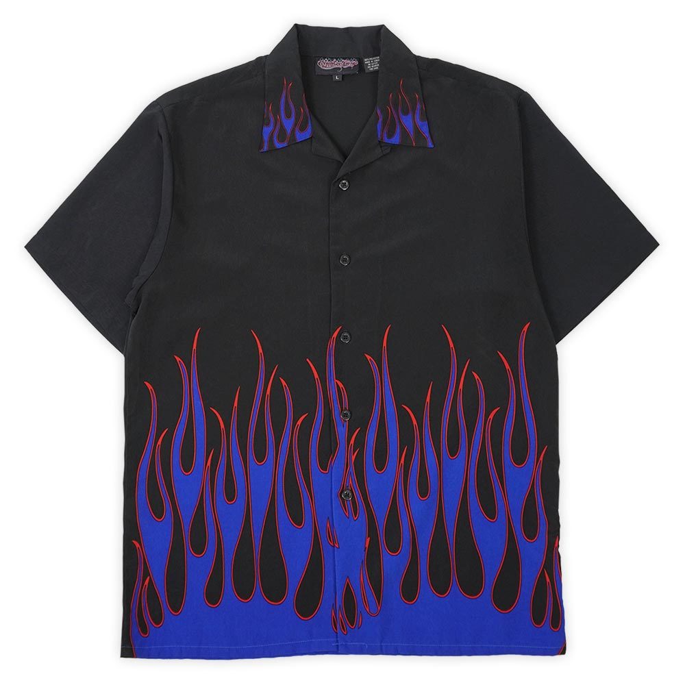 Sapphire lounge 90's 90年代 フレイムパターン オープンカラーシャツ ファイアー デザイン 古着 (-9731) ブラック × ブルー L