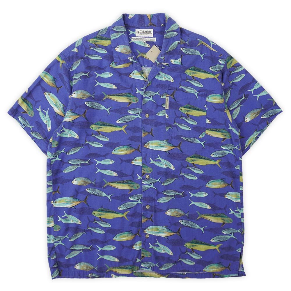 コロンビア Columbia 00s 半袖 総柄 オープンカラーシャツ 開襟 ループ 魚 フィッシング 旧タグ オールド Y2K (9763) ブルー系 L