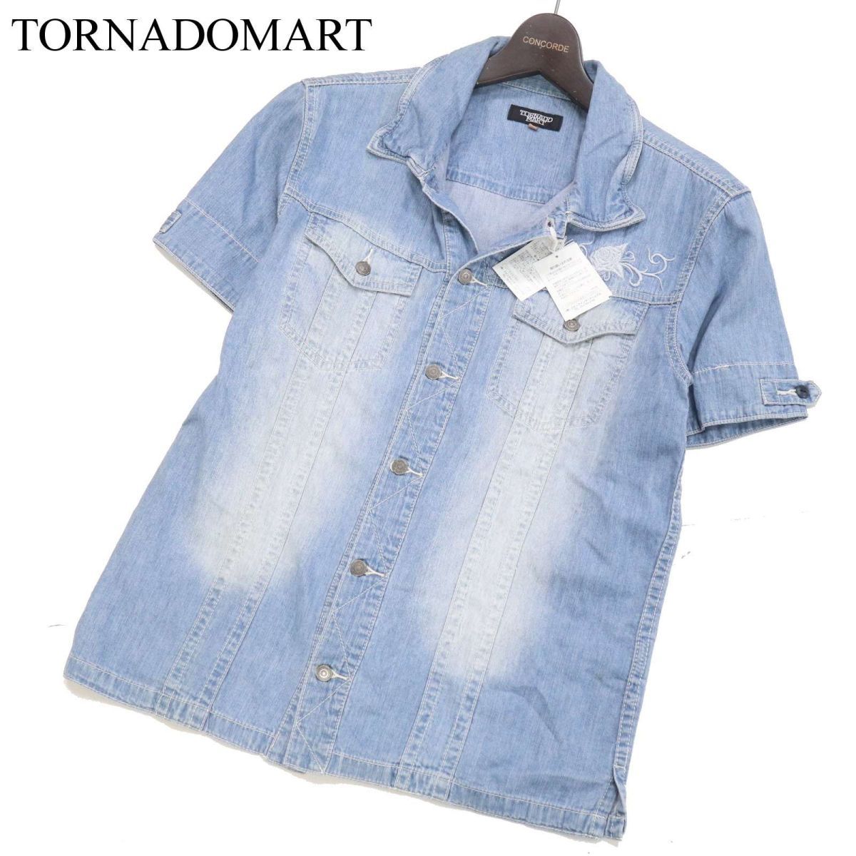 未使用★ TORNADOMART トルネードマート 薔薇 ローズ刺繍★ 春夏 USED加工 半袖 デニム シャツ Sz.L　メンズ　I3T00387_7#A_画像1