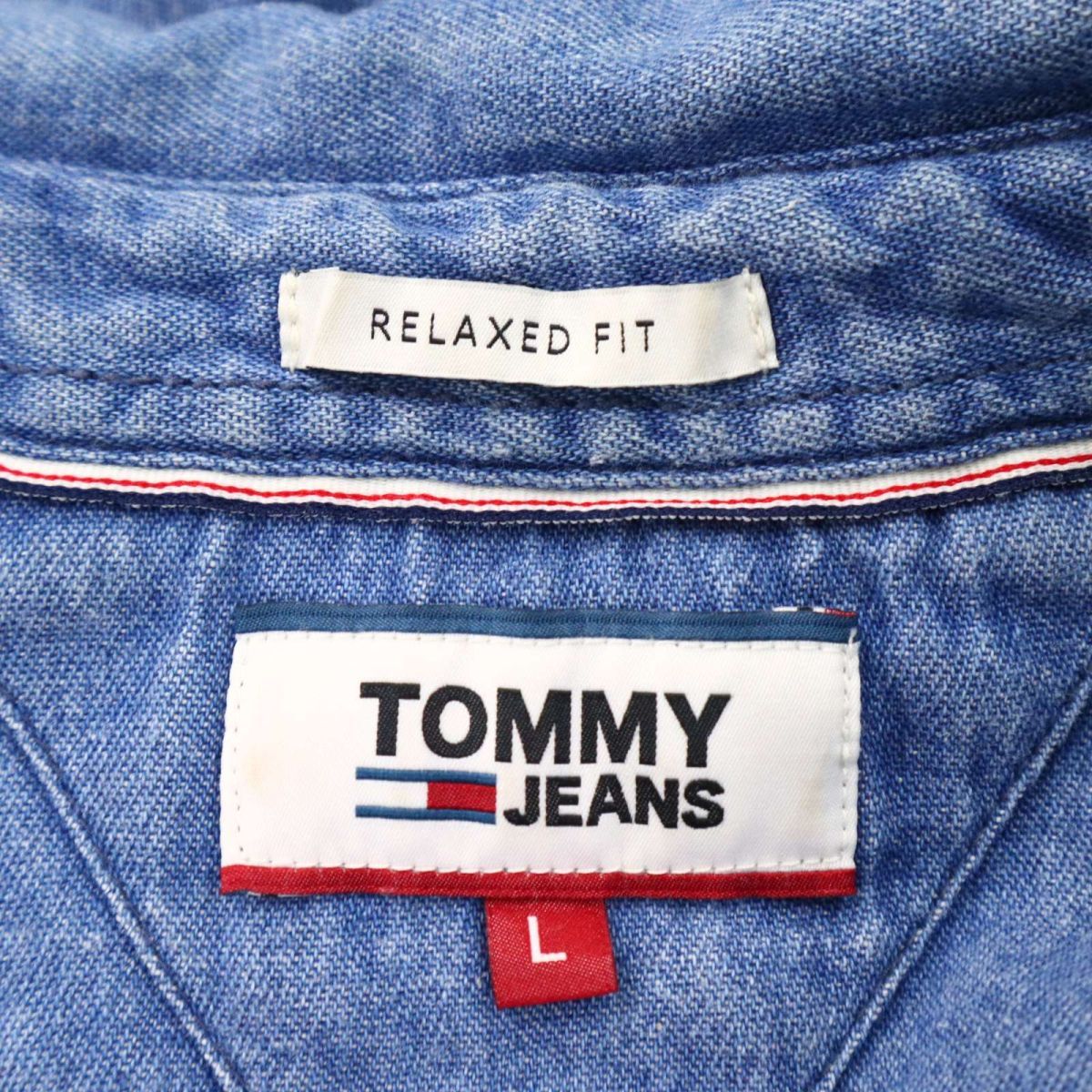 TOMMY JEANS トミーヒルフィガー 春夏 USED加工★ リラックスフィット 半袖 デニム シャツ Sz.L　メンズ　I3T00324_7#A_画像6