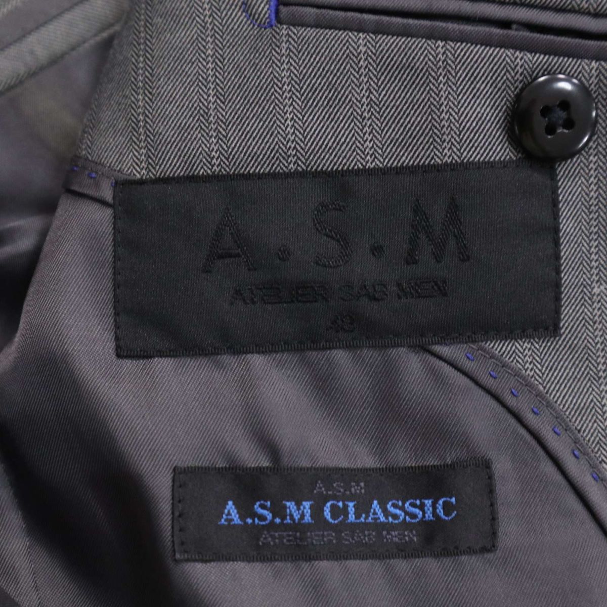 A.S.M アトリエサブ メン 通年 背抜き★ ヘリンボーン ストライプ 2B セットアップ スーツ Sz.48(M)　メンズ グレー　I3T00397_7#O_画像7