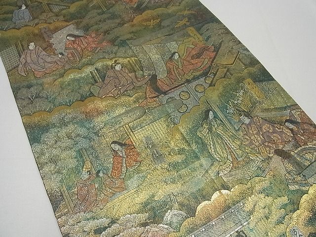 平和屋1□極上 西陣あさぎ 全通全景図 源氏物語絵巻 24金プラチナ二