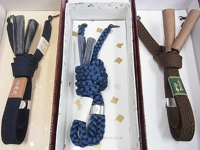 平和屋2□男性 和装小物 羽織紐3本 丸組・平組 紺・茶 逸品 未使用