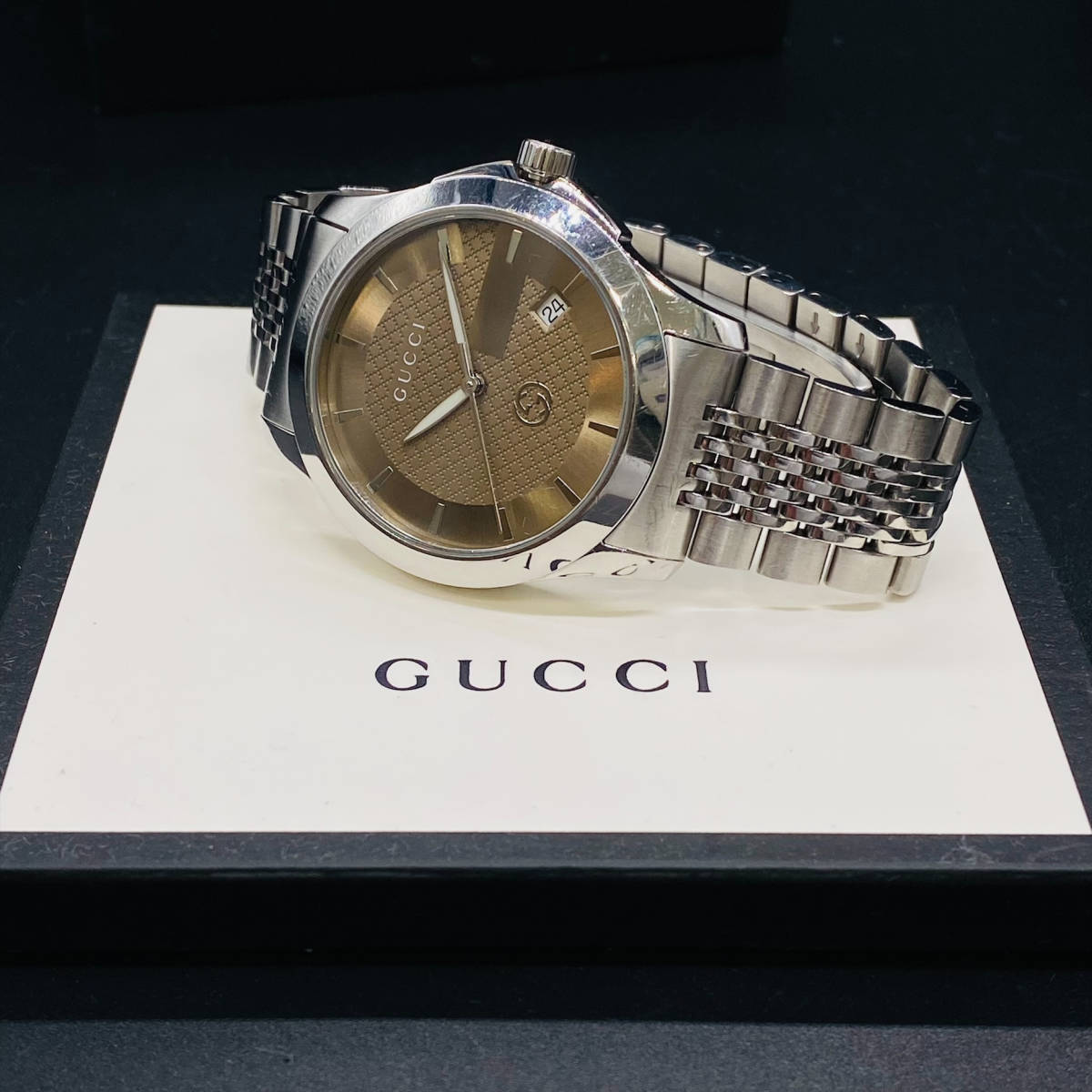 GUCCI グッチ Gタイムレス デイト ブラウン文字盤 126.4 SS 稼働品 腕