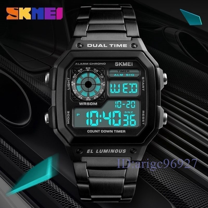 X447☆新品防水時計 ステンレス 鋼ファッション デジタル 腕時計 SKMEI メンズスポーツウォッチ カウントダウンの画像2