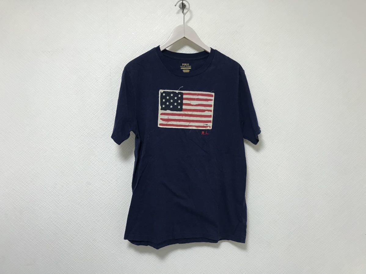 本物ポロラルフローレンPOLO RALPH LAUREN R.L.コットンアメリカ国旗半袖Tシャツメンズアメカジサーフミリタリービジネス紺ネイビーXL_画像1